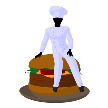 African american chef and a hamburger silhouette on a white background