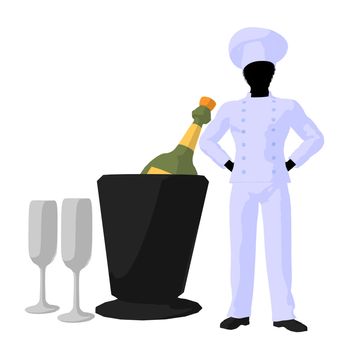 African american chef and champagne silhouette on a white background