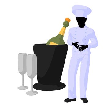 African american chef and champagne silhouette on a white background