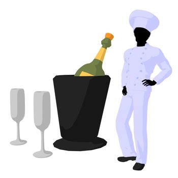 African american chef and champagne silhouette on a white background