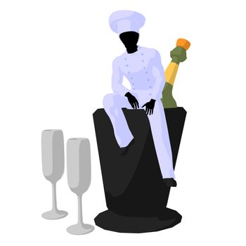 African american chef and champagne silhouette on a white background