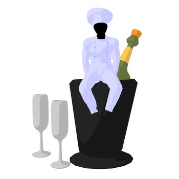 African american chef and champagne silhouette on a white background