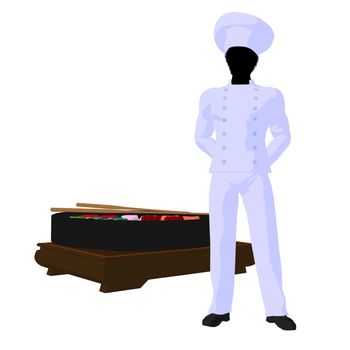 African american chef with sushi silhouette on a white background