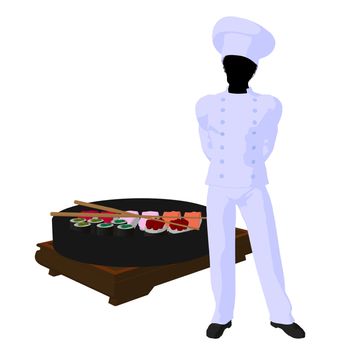 African american chef with sushi silhouette on a white background