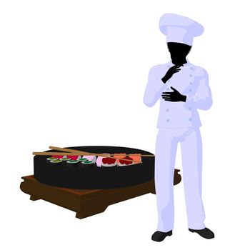 African american chef with sushi silhouette on a white background