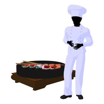 African american chef with sushi silhouette on a white background