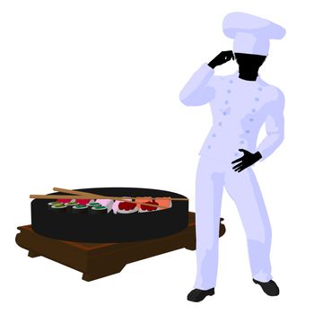 African american chef with sushi silhouette on a white background