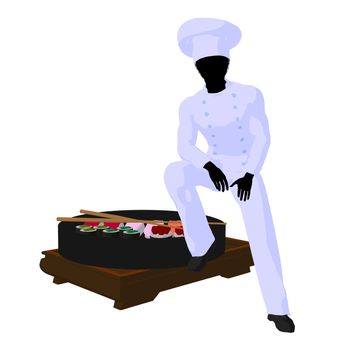 African american chef with sushi silhouette on a white background