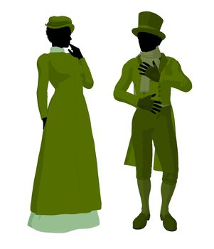 Victorian woman talking to a man silhouette on a white background