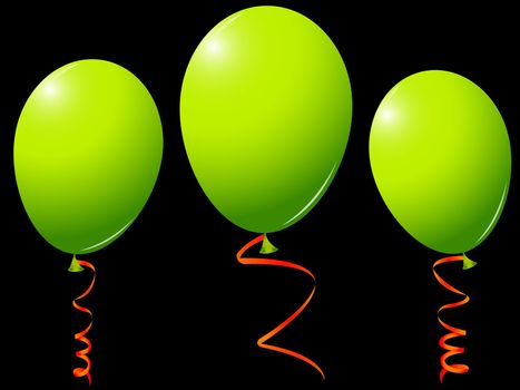 green balloons against black background, with orange ribbons; abstract vector art illustration
