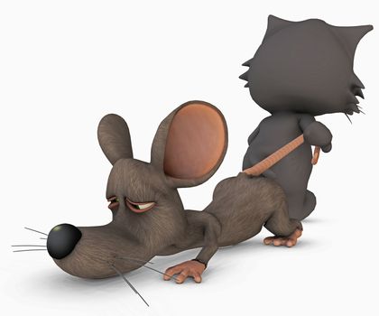 3d render of a cat catching a mouse