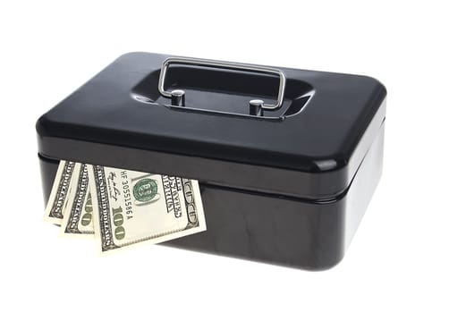 Dollars in black cash box isolated on white