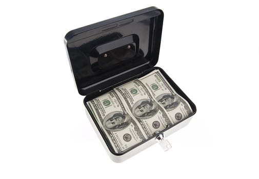 Dollars in black cash box isolated on white