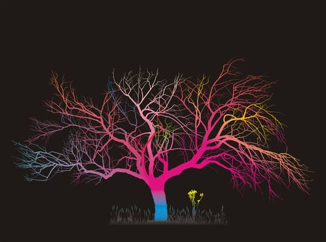 surreal color illustration of a tree on a black background