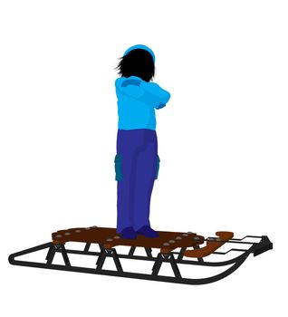 Boy on a sled silhouette on a white background