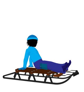 Boy on a sled silhouette on a white background