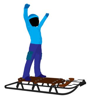 Boy on a sled silhouette on a white background