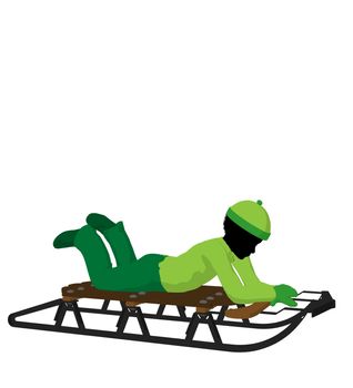 African american boy on a sled silhouette on a white background