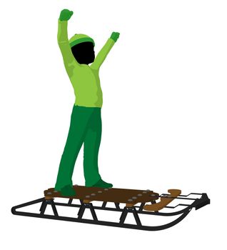 African american boy on a sled silhouette on a white background