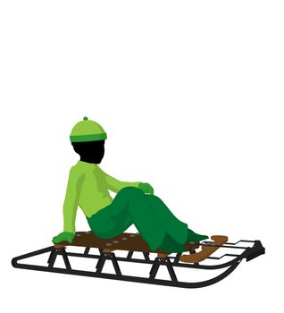 African american boy on a sled silhouette on a white background