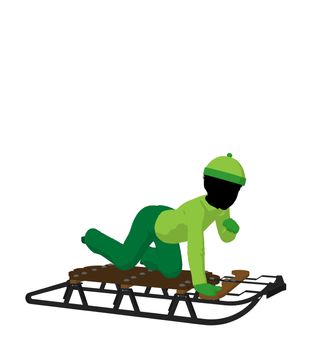 African american boy on a sled silhouette on a white background