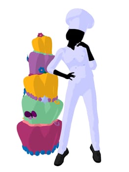 Female chef next to a cake silhouette on a white background