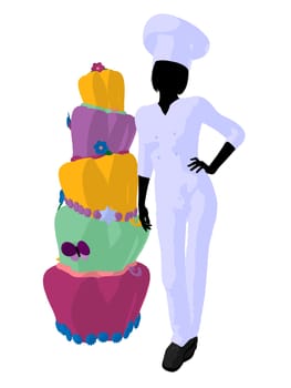 Female chef next to a cake silhouette on a white background