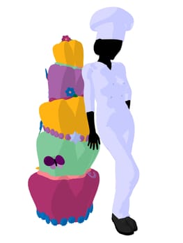 Female chef next to a cake silhouette on a white background