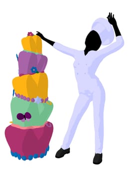 Female chef next to a cake silhouette on a white background