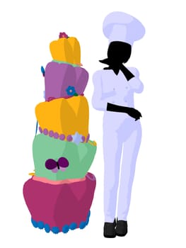 Female chef next to a cake silhouette on a white background