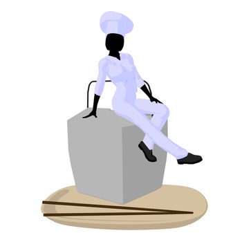 Female chef with a takout food container silhouette on a white background