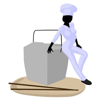 Female chef with a takout food container silhouette on a white background
