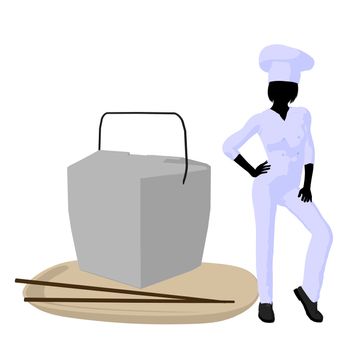 Female chef with a takout food container silhouette on a white background