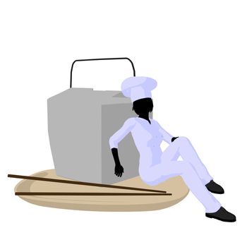 Female chef with a takout food container silhouette on a white background