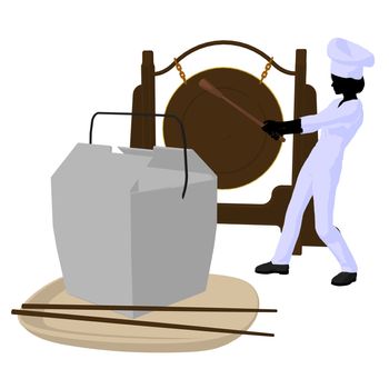 Female chef with a takout food container silhouette on a white background