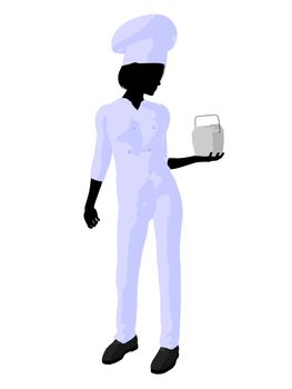 Female chef with a takout food container silhouette on a white background