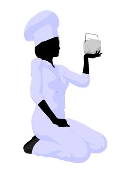 Female chef with a takout food container silhouette on a white background