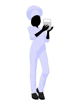 Female chef with a takout food container silhouette on a white background