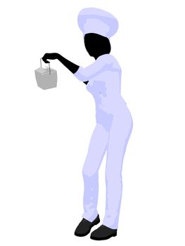 Female chef with a takout food container silhouette on a white background