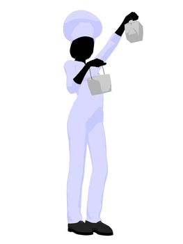 Female chef with a takout food container silhouette on a white background