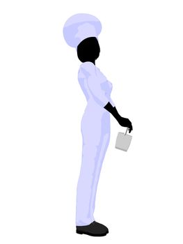 Female chef with a takout food container silhouette on a white background