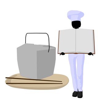 Female chef with a takout food container silhouette on a white background