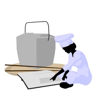 Female chef with a takout food container silhouette on a white background