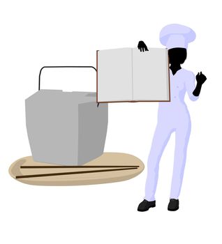 Female chef with a takout food container silhouette on a white background