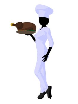 Female chef with a turkey dinner silhouette on a white background