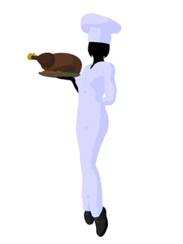 Female chef with a turkey dinner silhouette on a white background