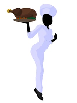 Female chef with a turkey dinner silhouette on a white background