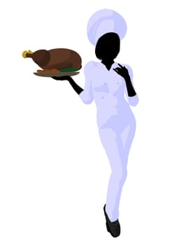 Female chef with a turkey dinner silhouette on a white background