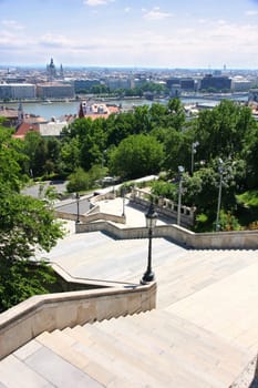 Details The stairs of the Fisherman's Bastion and panorama, Budapest, Hungary