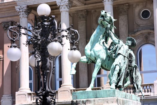 Details horse and rider statue at Royal palace in Budapest, Hungary